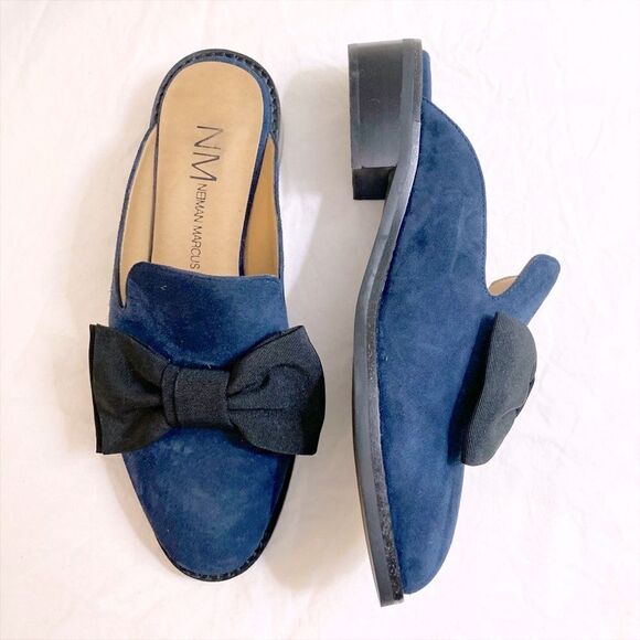 Neiman Marcus Aimy Dark Blue Suede Mules - Picture 1 of 4